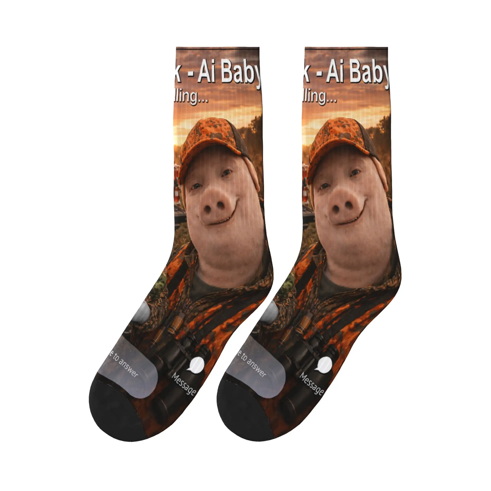 John Pork and Ai Baby is Calling Funny Duck Hunter Socks Gothic Stockings Men Comfortable Climbing Socks Winter Graphic Socks
