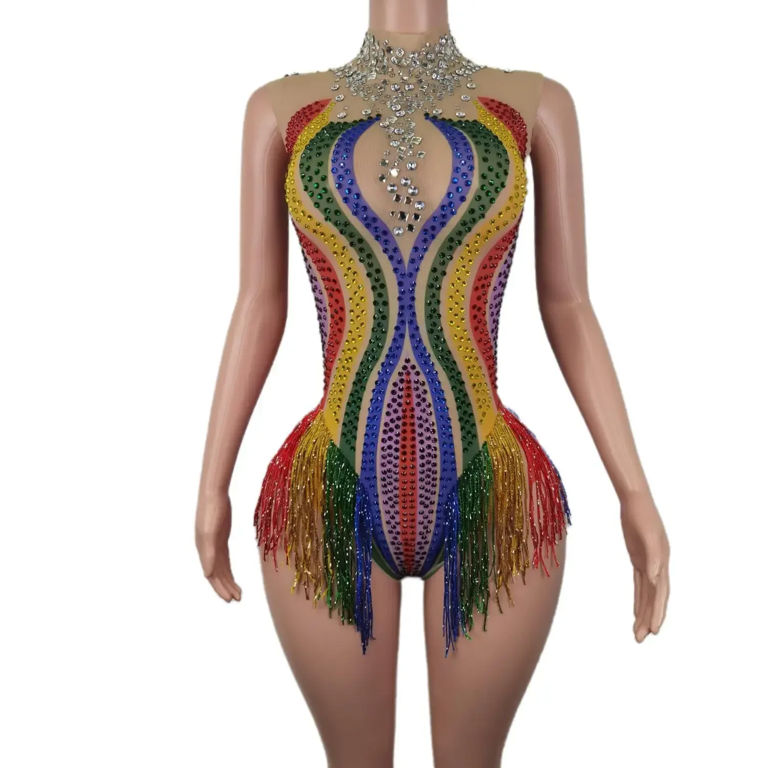 

Multicolour Sexy Stretch Skinny Mesh Sleeveless Bodysuits Women Diamond Tassel One Piece Short Jumpsuit Festival Dance Costumes