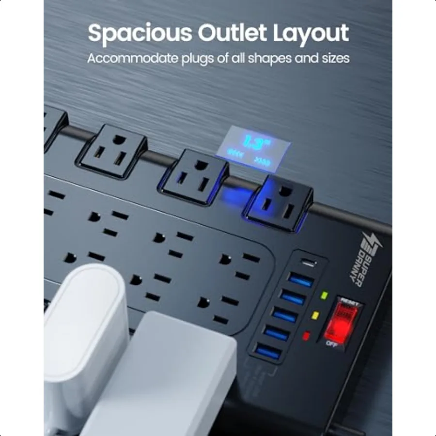 قطاع الطاقة ERDANNY Surge Protector مع 22 منفذ تيار متردد و6 منافذ شحن USB 1875 وات 15 أمبير 2100 جول 6.5 قدم قابس مسطح ثقيل