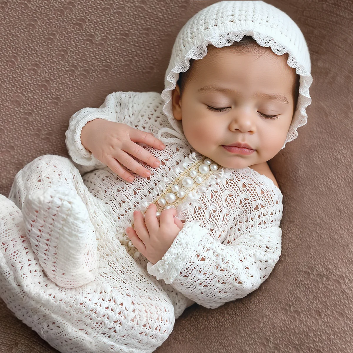 Ylsteed 2-teiliger Neugeborenen-Fotografie-Strampler, langärmelig, mit passender Pomp-Mütze, Baby-Outfits für Jungen und Mädchen zum Photoing-HD