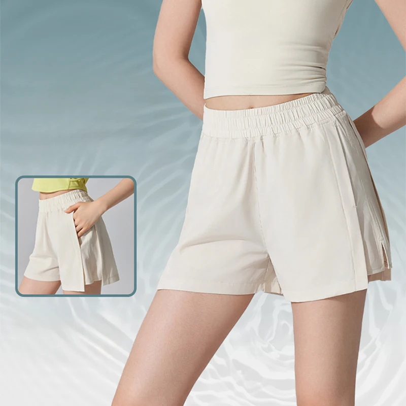 Pantalones cortos deportivos de secado rápido con abertura lateral para mujer, pantalones cortos holgados de textura ligera para correr y entrenar, pantalones de Yoga cómodos e informales de verano para mujer