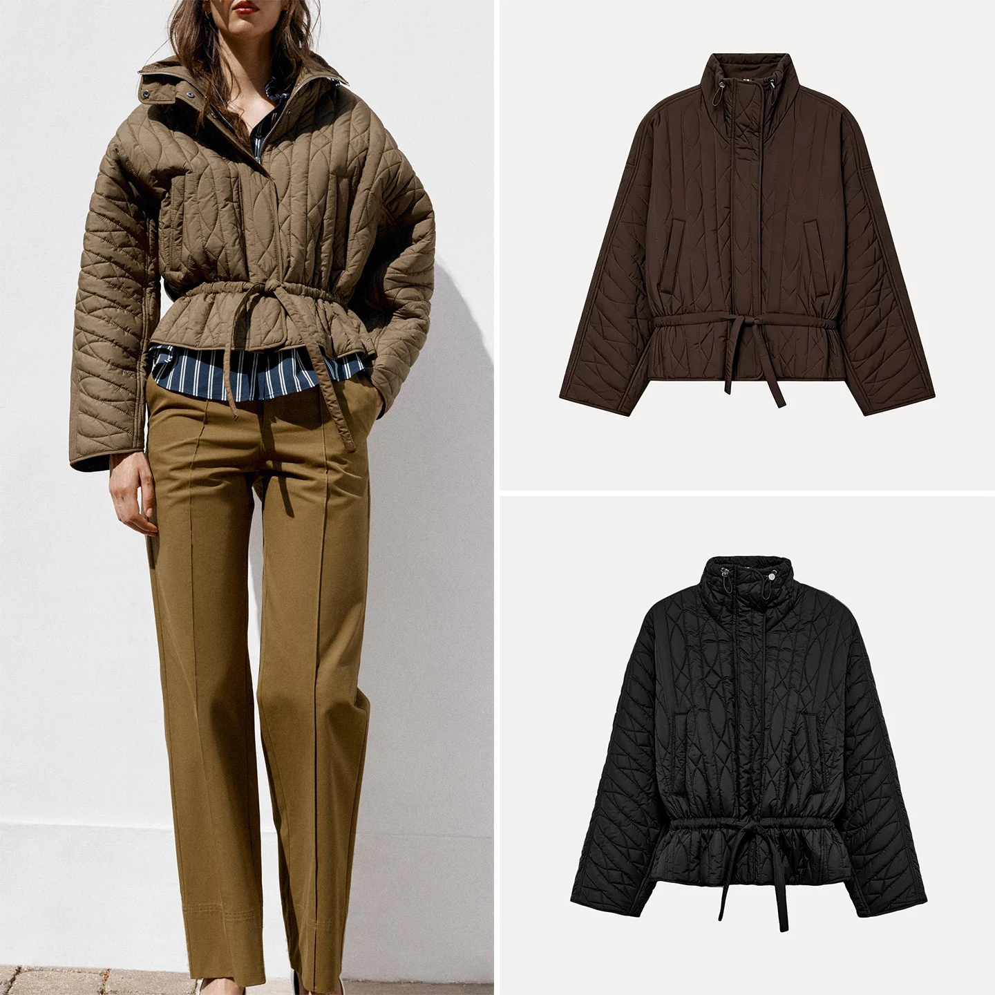 Fashionable Long Sleeve Stand Collar Jacket Women's Autumn Wear Zipper Drawstring Button Outerwear Casual Loose Fit Zadata