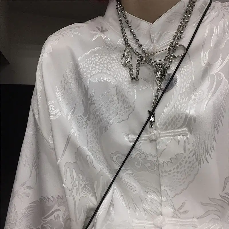 Stand Collar Chinese Style Shirt Vintage Hanfu Clothing Satin Dragon Print Kong Fu Tang Clothes Fashion Streetwear Cheongsam Top