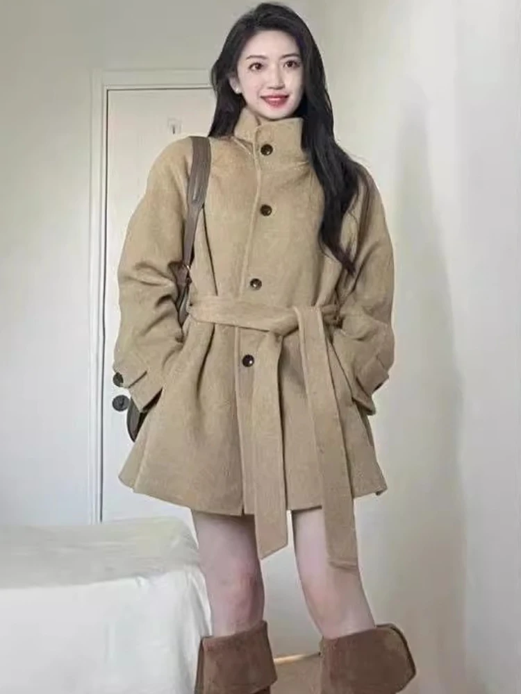 

Khaki Woolen Coat Women Autumn Winter Plus Size Clothing Fashionable Elegant Lace Up Mid Length Woolen Full Sleeve Coat