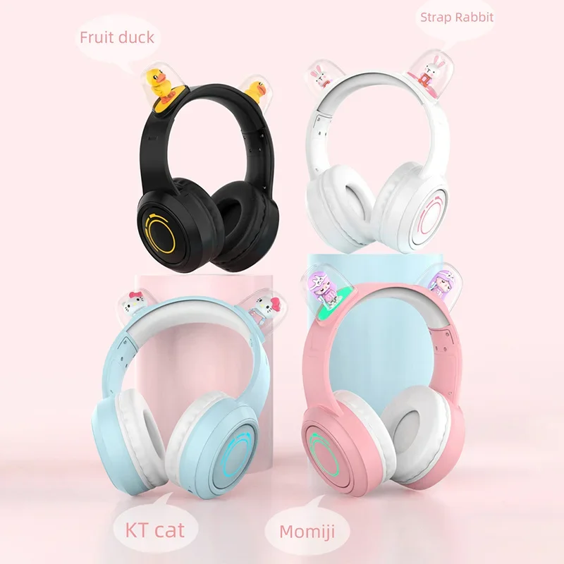 Wireless Bluetooth 5.1 Cute Cartoon Doll Headphones HD Mic HiFi Sound Quality RGB Light Music Game Headset