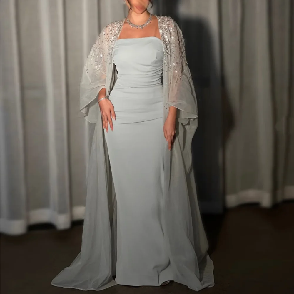 

Customized A-Line Prom Dresses Floor-Length Strapless Full Sleeve Stole Evening Gown Simpel Draped Fashion Sequined Party Gown