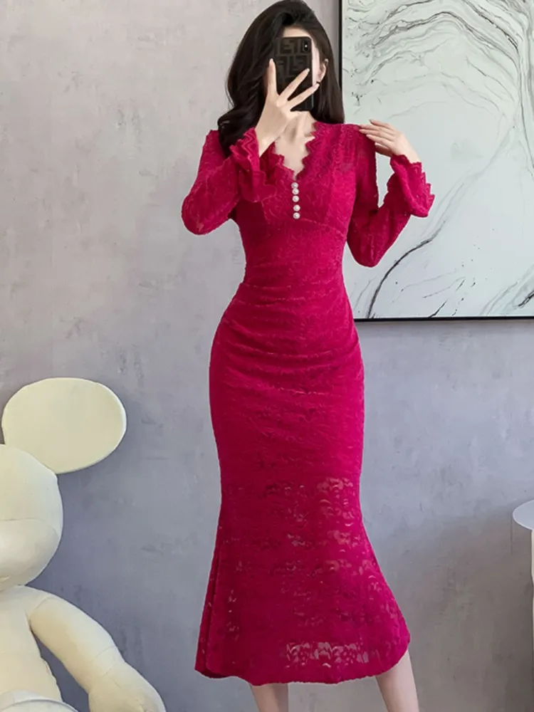 

Elegant Solid Ruffles Fairy Dresses Korean Lace Patchwork Slim Waist A Line Dress Women Princess Party Vestidos Female Robe New