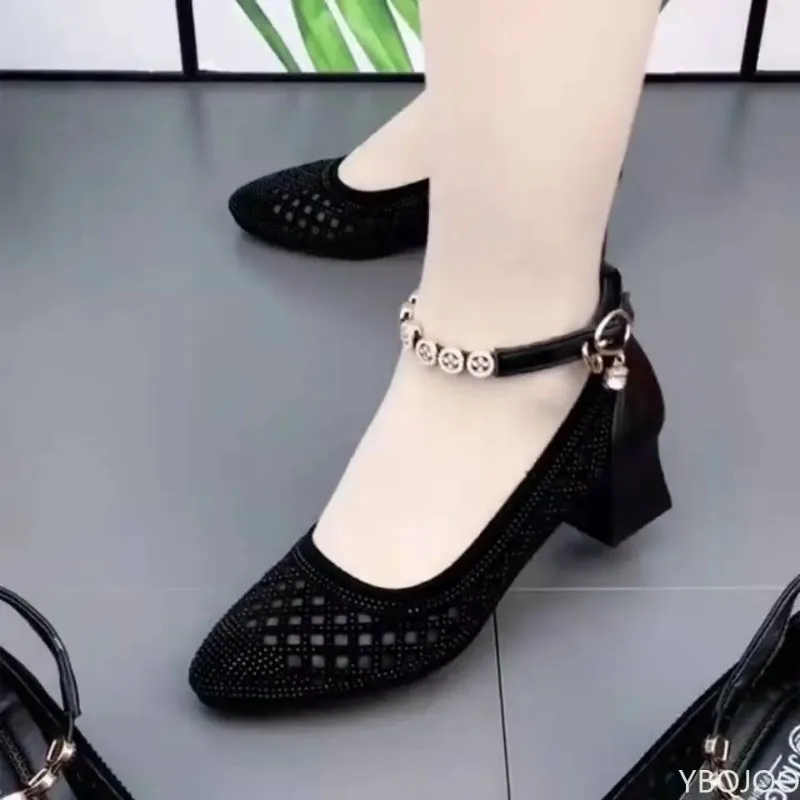 Women\'s 2022 Rhinestone Single Pumps Shoes Ladies Elegant Mesh Hollow Breathable Soft Sole Thick Medium Heel Sandals Loafers