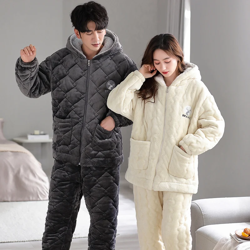 

New winter 3 layer quilted cotton pajama set with hooded couple casual pyjamas thick warm home clothing