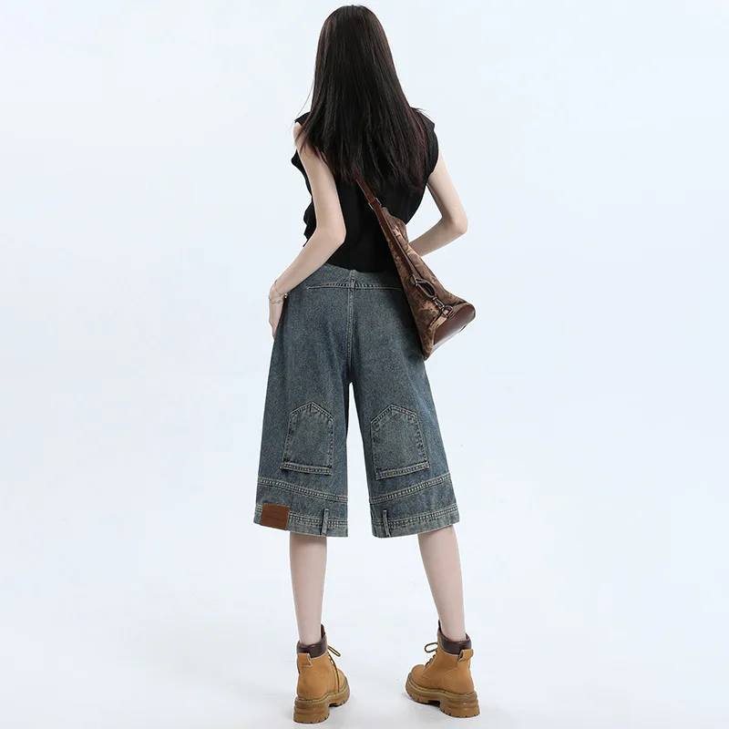Délavé pour fabriquer des vieux shorts en jean à jambe droite, nouveau jean d'été taille haute ample américain décontracté mi-long pour femmes, Streetwear