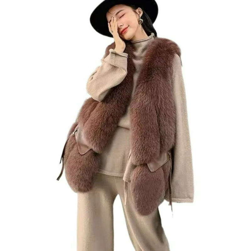 Autumn and Winter Collection Patchwork Furry Eco-friendly Vest Waistcoat for Women A Fox Figure-hugging Versatile Vest Fur Coat