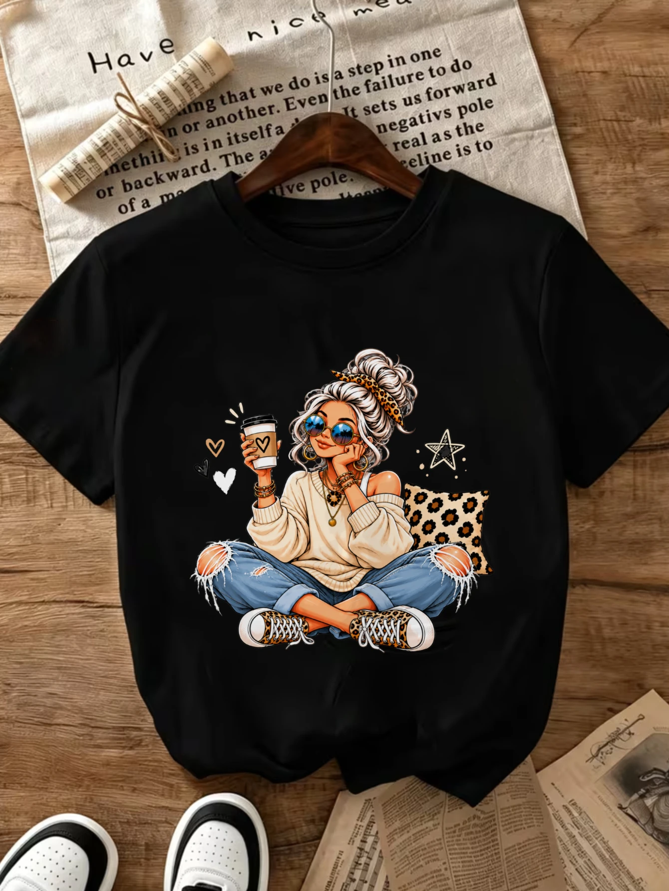 Women's Fashion New Round-Neck T-Shirt Casual Daily Basic Tops Cool with Coffee and Leopard Pillow Print T Shirt Clothes Female