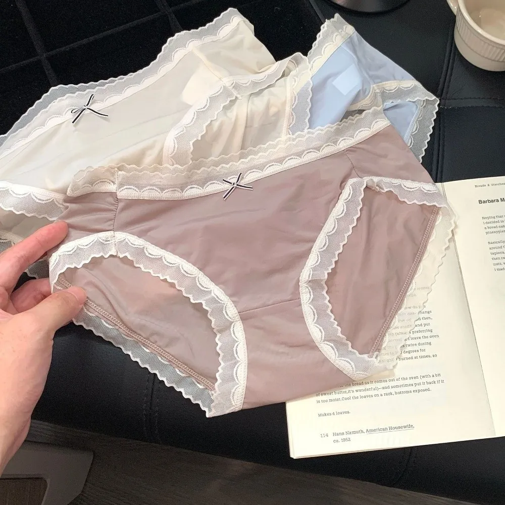 French Style Bow Lace Panties Transparent Mid Waist Mesh Thin Briefs Seamless Women Underwear Spring Summer