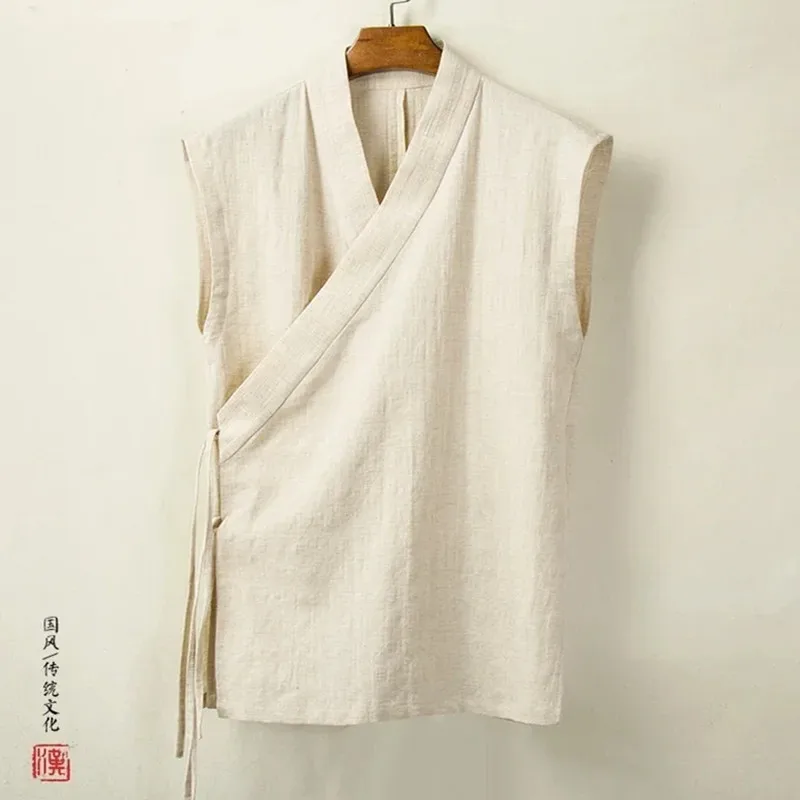 Chinese Traditional Clothing Hanfu Vest Men Linen Cotton Sleeveless Top Men\'s Tang Suit Kimono Cardigan Men\'s Slit Top