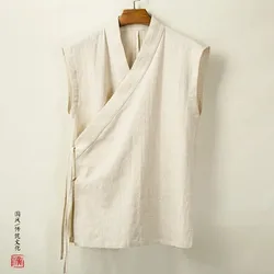 Chinese Traditional Clothing Hanfu Vest Men Linen Cotton Sleeveless Top Men's Tang Suit Kimono Cardigan Men's Slit Top