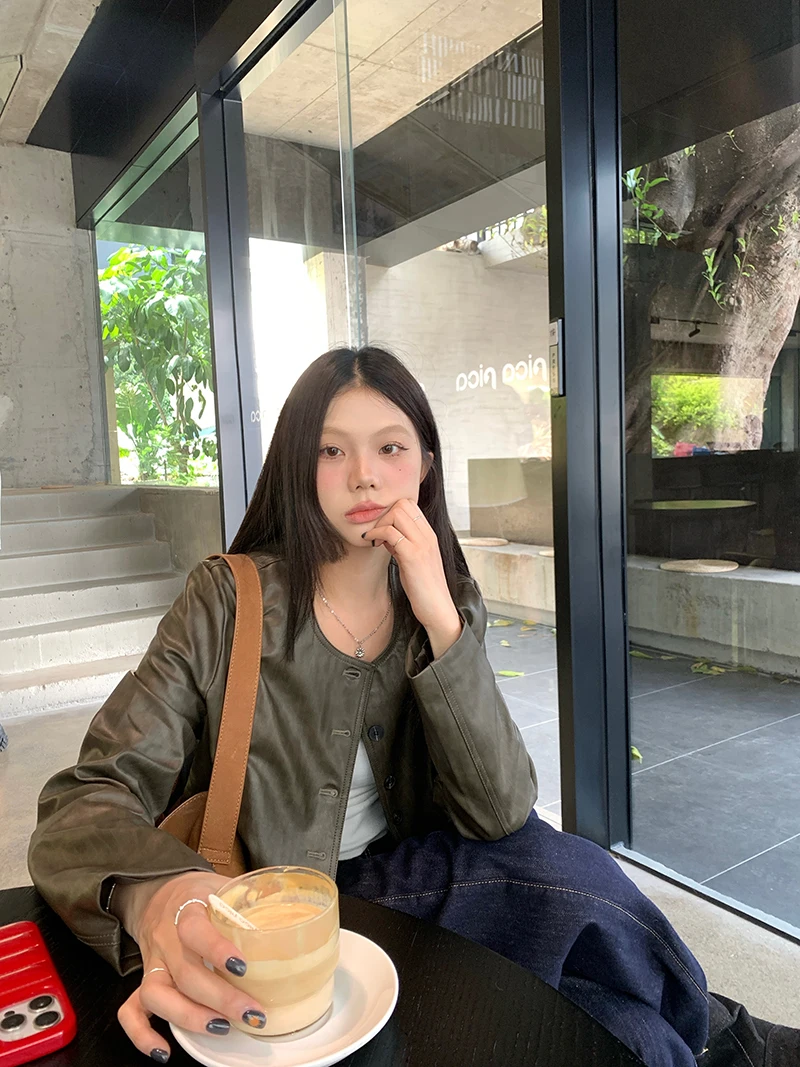 Jaet en cuir PU mat pour femmes, coupe ample, rond, amincissant, Hong Kong Sle Ele, Cool, polyvalent