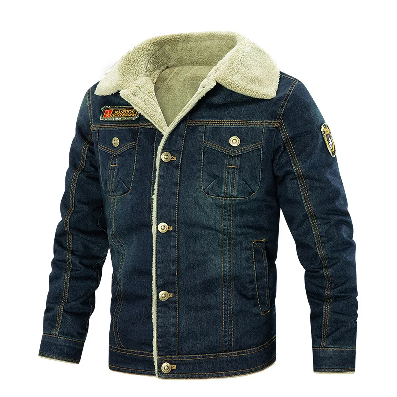 7XL Winter Mens Denim Jacket High-quality Wool Thicked Warm Coats Male Multi Pocket Lapel Fashion Casual Jackets Men Clothing