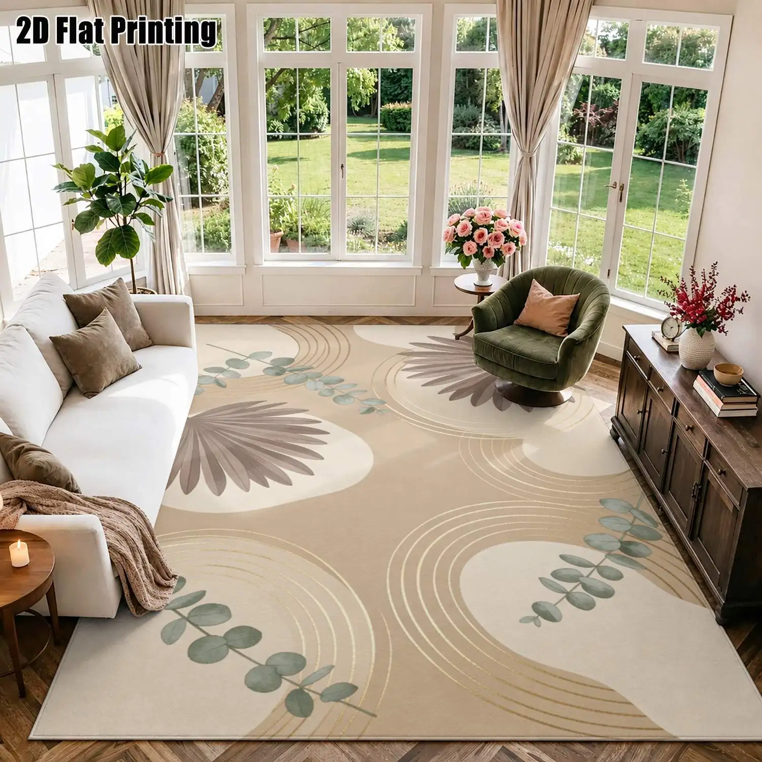1Pc 2D Printed Eucalyptus Leaf Geometric Nordic Carpet, Machine Washable, Multi-Size Home Decor Mat for Multiple Scenes