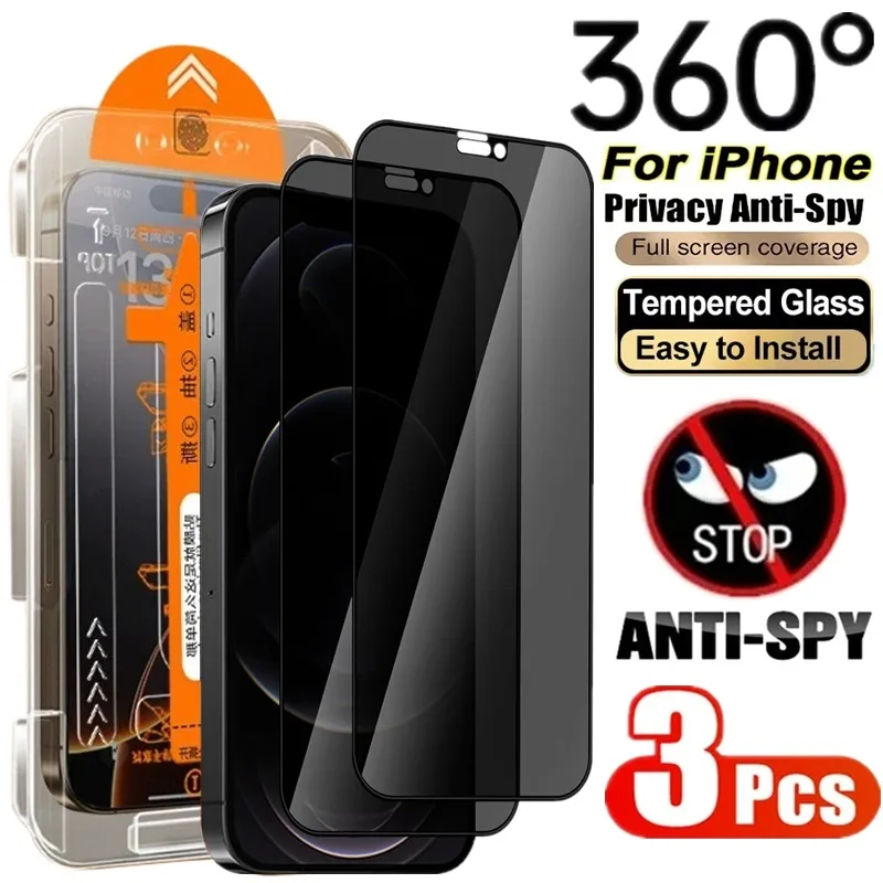 

3Pcs 360°Privacy Tempered Glass For iPhone 17 16 15 14 13 12 11 Pro Max Plus Anti-spy Screen Protector with Easy install Tool