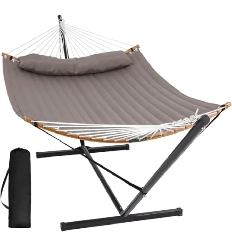 Portable hammock with frame for backyard use, brown polyester fabric, curved spreader bar for easy setup and enhanced comfort