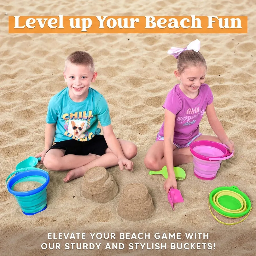 Packs Foldable Pail Bucket with Shovels & Mesh Bag, Collapsible Buckets Multi Purpose for Beach, Camping Gear, Beach Party, Fish