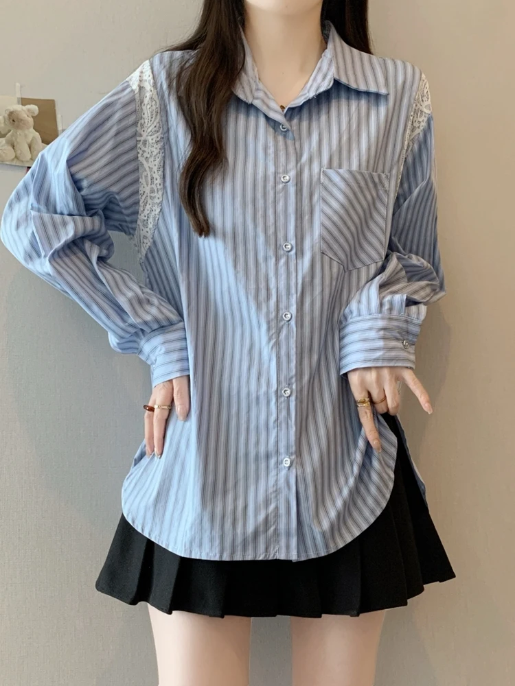 

Ele Blue Striped Loose Fit irt Lace Patchwork Casual Sle Long Sve Cotton Polyester Blend Spring Faion Top