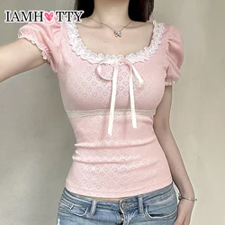 IAMHOTTY Coquette Aesthetic Jacquard Heart-shape T-shirt Women's Summer Y2K Japanese Kawaii Contrast Lace Stitching Bow Tops New