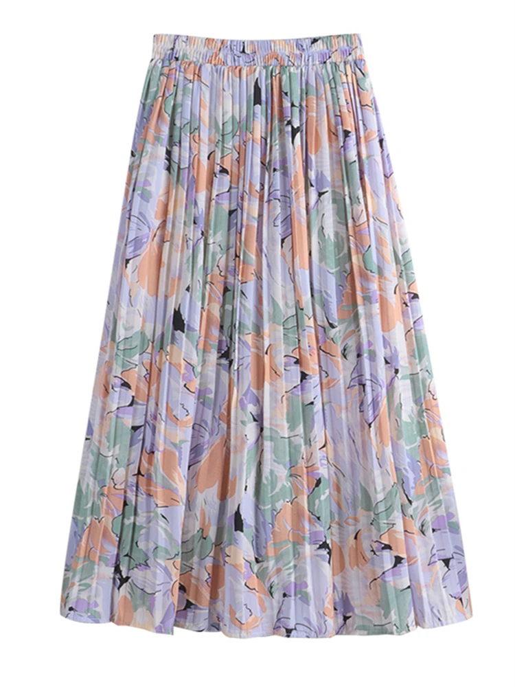 REALEFT-Saias plissadas com estampa floral vintage de tule, cintura alta, saias femininas soltas de guarda-chuva, Mi-Long, primavera, verão, novo,