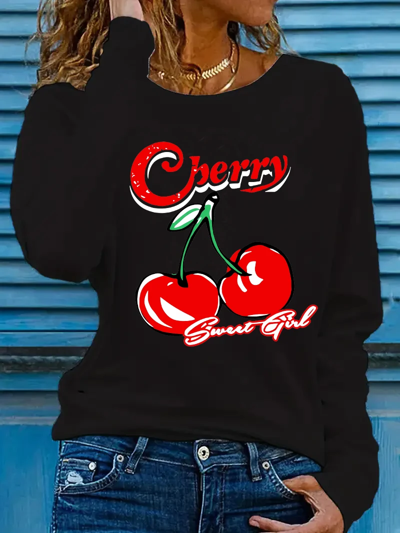 الهيب هوب موضة الكرز ملابس منقوشة بكم طويل قميص مضحك تي شيرت المرأة طباعة تي شيرت طاقم الرقبة تي شيرت عادية