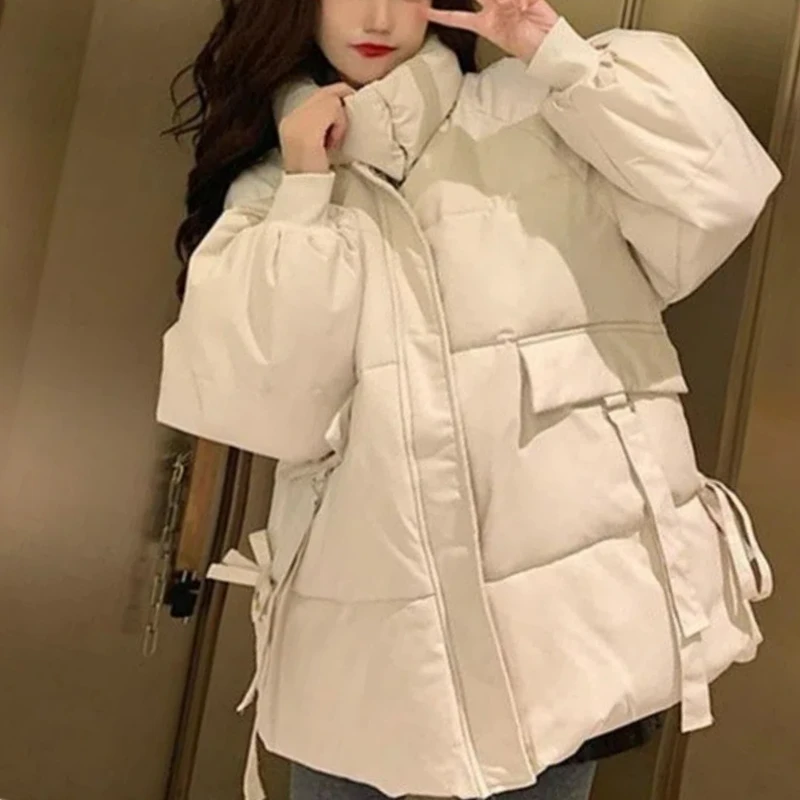 Winter Fashion Stand Collar Long Sleeve Solid Trench Women's Clothing Loose All-match Simplicity Zipper Warm Thicken Pockets Top