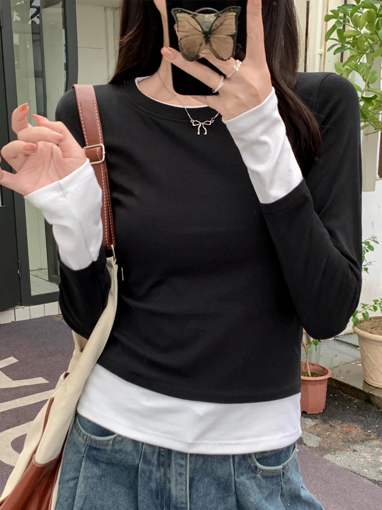 Beiyingni 2024 Autumn Korean T-shirts Women White Black Spell Color Slim Basic Casual T Shirt for Woman Chic Fashion Cotton Top