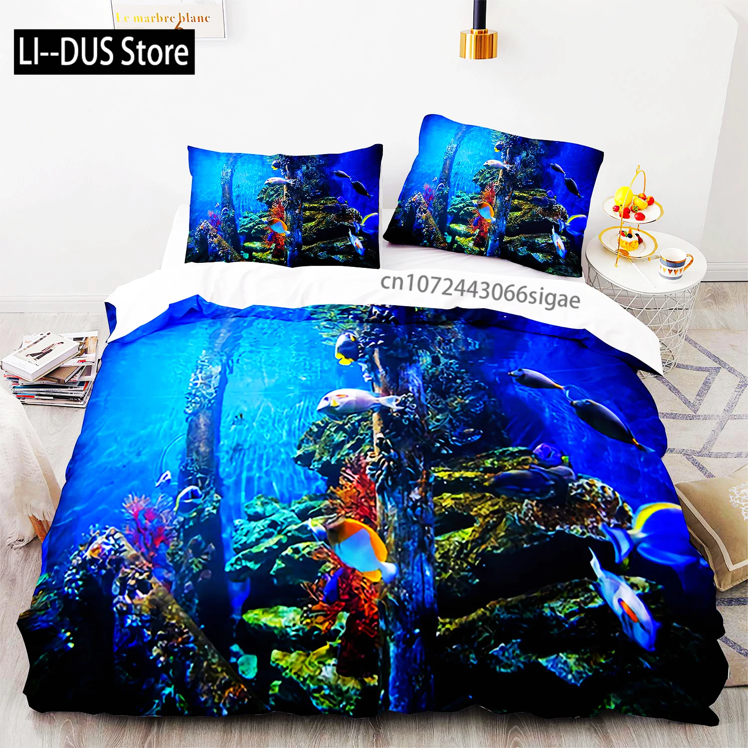 Blue Sea World Bedding Sets 3D Print  Sea Animal Dolphins Sharks And Cartoon Quilt Queen Duvet Cover Set Kids Adult Bedclothes