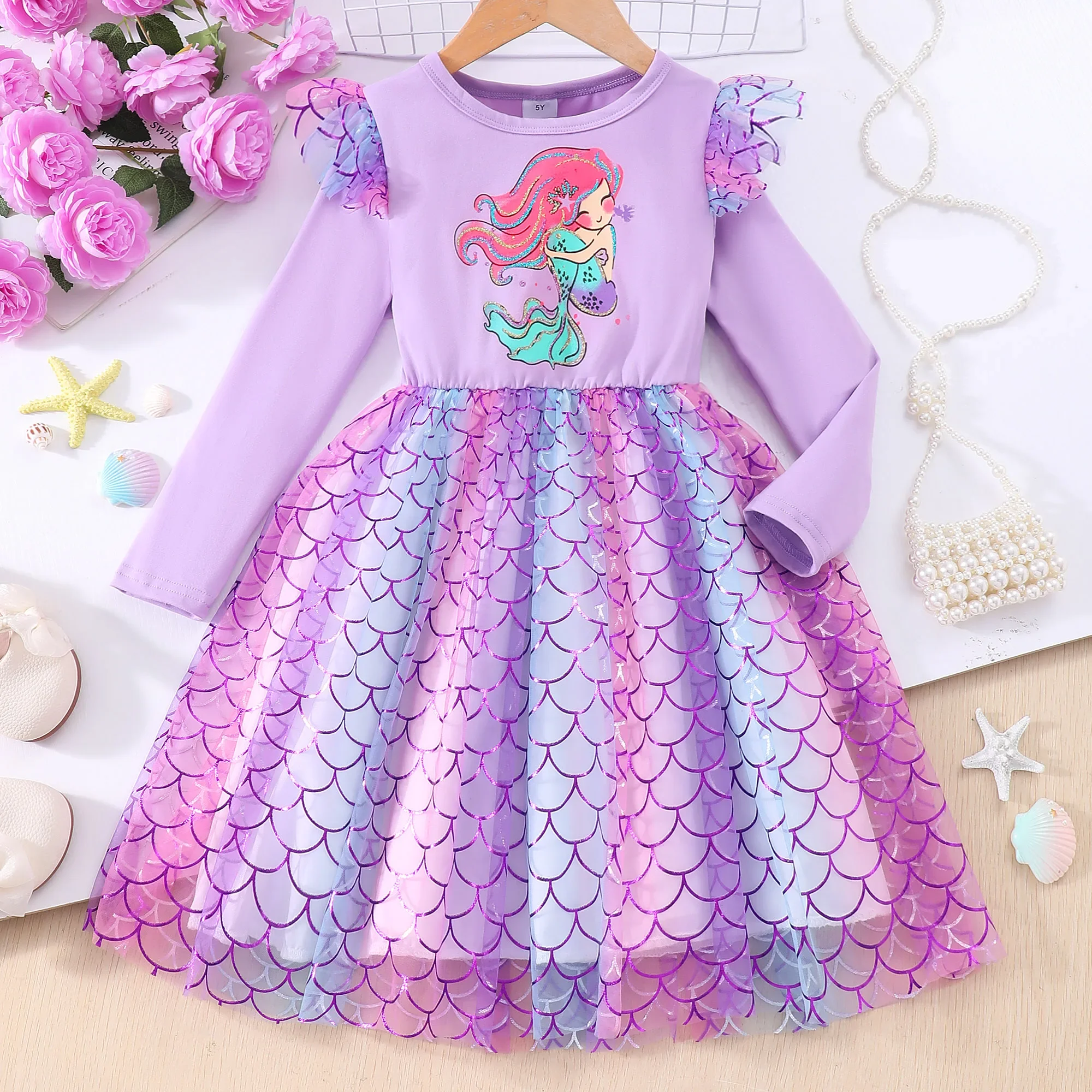 New Mesh Mermaid Dress Kids Girl Clothes Long Sleeve Winter Baby Girls Outfit Cute Cartoon Pink Children Dresses 2 3 4 5 6 7 Yrs