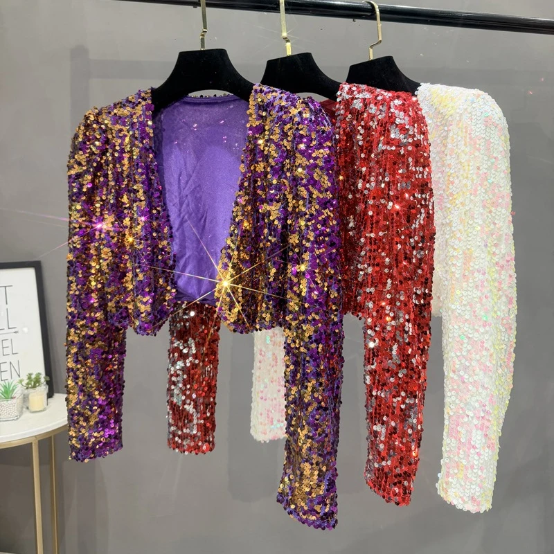 Damen-Pailletten-Cardigan, kurz, langärmelig, glitzerndes Oberteil, funkelndes Bühnenkostüm, Party- und Clubkleidung, Tanzkostüm, Oberbekleidung, T-Shirt. – Detail 2