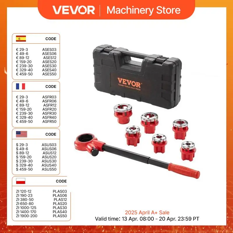 VEVOR Kit di Filettatura dei Tubi con Cricchetto Set di 6 Matrici 1/4" NPT-1-1/4" NPT Teste Idrauliche Manuali Portatili in Valigetta per Tubi, Kit di Strumenti per Filettare Tubi a Cricchetto Manuale
