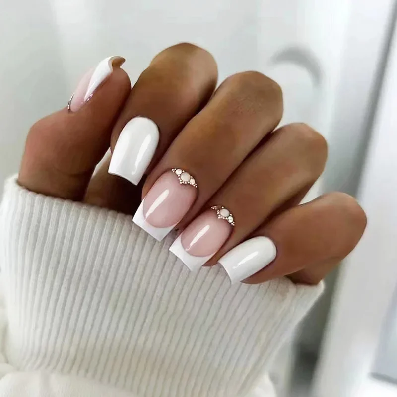 24Pcs Mid-length Square False Nails Simple White French Fake Nails with Rhinestone Wearable Press on Nails Full Cover Nail Tips