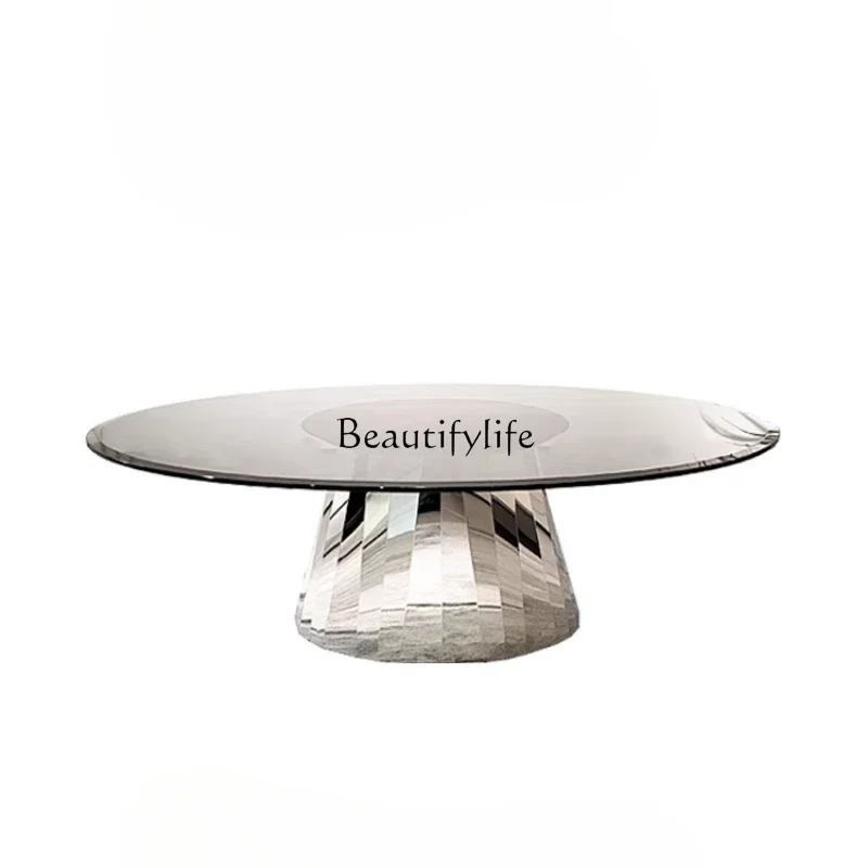 

z.56*parts and accessories*Oval stainless steel minimalist modern living room tempered glass coffee table