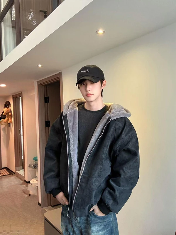 

American Dyed PU Leather Hooded Jaet Men's Thiened Warm Cotton Coat Vintage Trendy Brand Cotton Clothes Haome