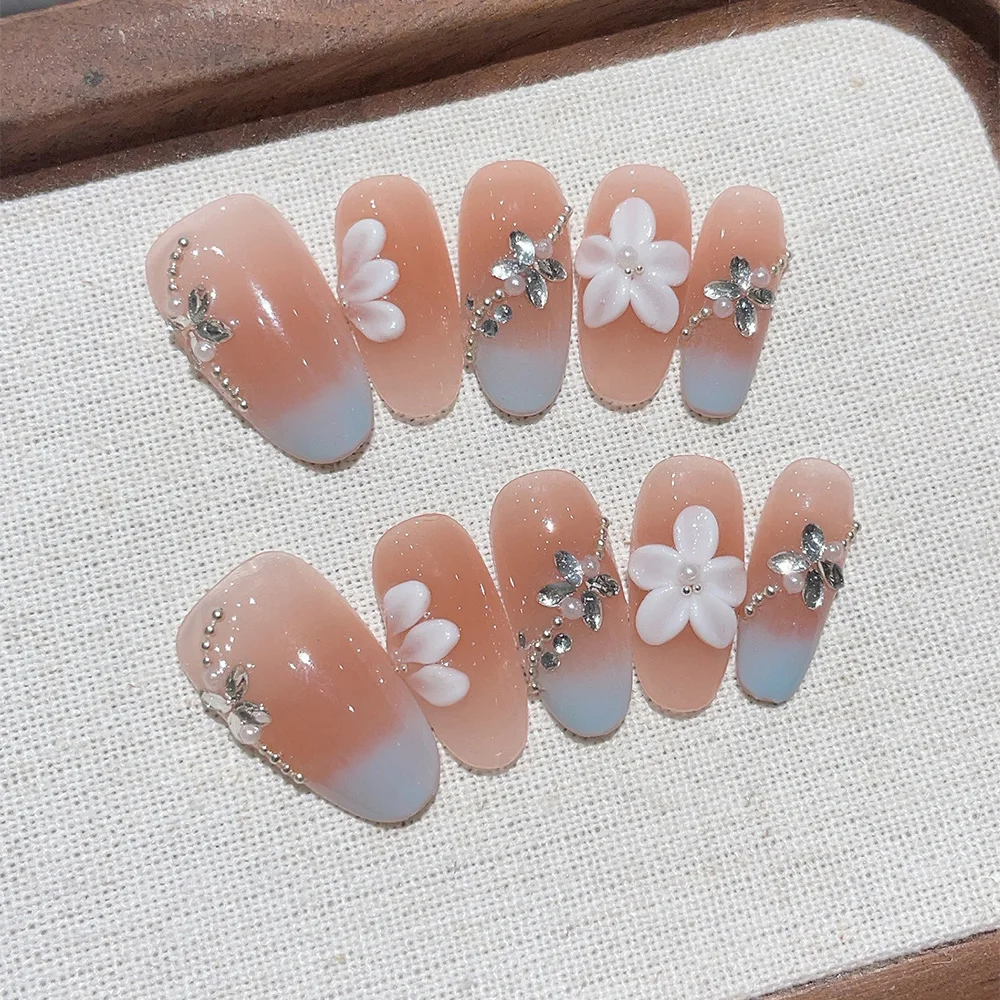

10pcs Medium Oval Handmade Press On Nails Kit, Pink Fake Nails, Noble Elegant Wearable Nail Art, Carved Flowers, Shine Butterfly