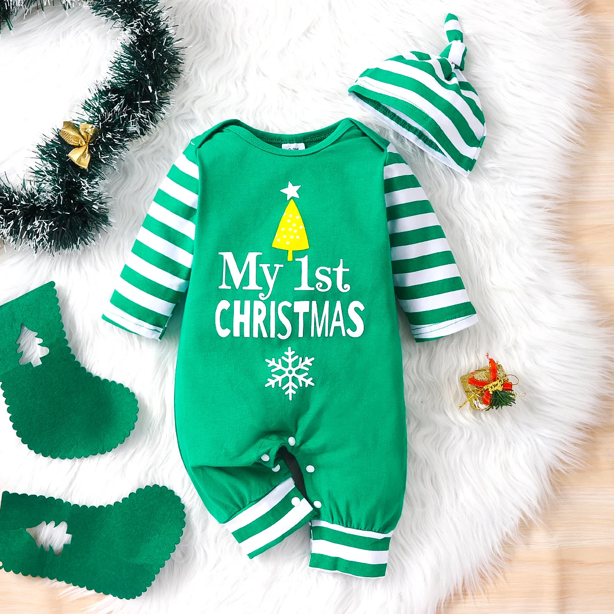 0-18 Months Spring Autumn Baby Boys And Girls Christmas Day Style Monogram Print Panels Striped Long Sleeve Climbing Suit