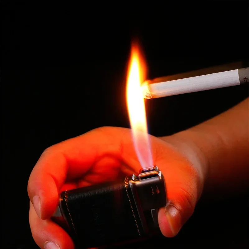 HONEST haut de gamme en cuir véritable métal gaz allume-cigare Oblique sur tuyau de flamme ouvert dédié allume-cigare cadeau pour hommes