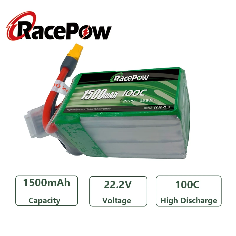 RacePow 1500mAh 22.2V 6S 100C RC Lipo Battery with XT60 Plug for FPV Racing Drone Quadcopter Vortex LRC Freestyle V1 6pcs