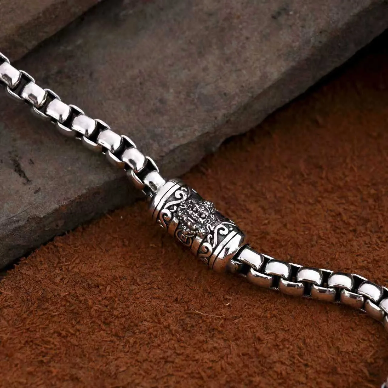 S925 Sterling Silver Vintage Bracelet for Men Yellow God of Wealth Bead Box Chain Punk Style Silver Jewelry