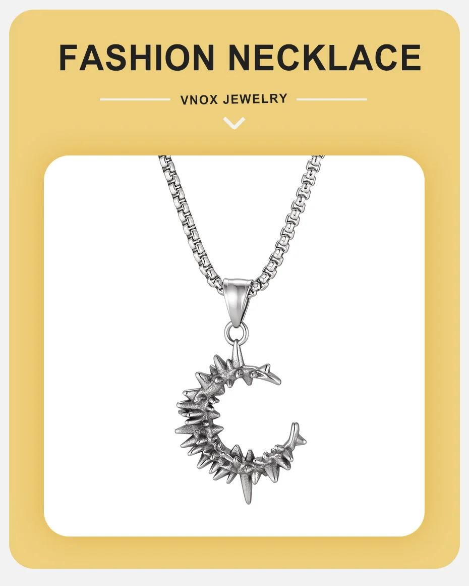 Vnox Spine Moon Anhänger-Halskette für Männer, Edelstahl-Halskette mit gotischem Spitzhalbmond, Hip-Hop-Punk-Schmuck, Geschenk für Geburtstagsfeiern – Detail 1