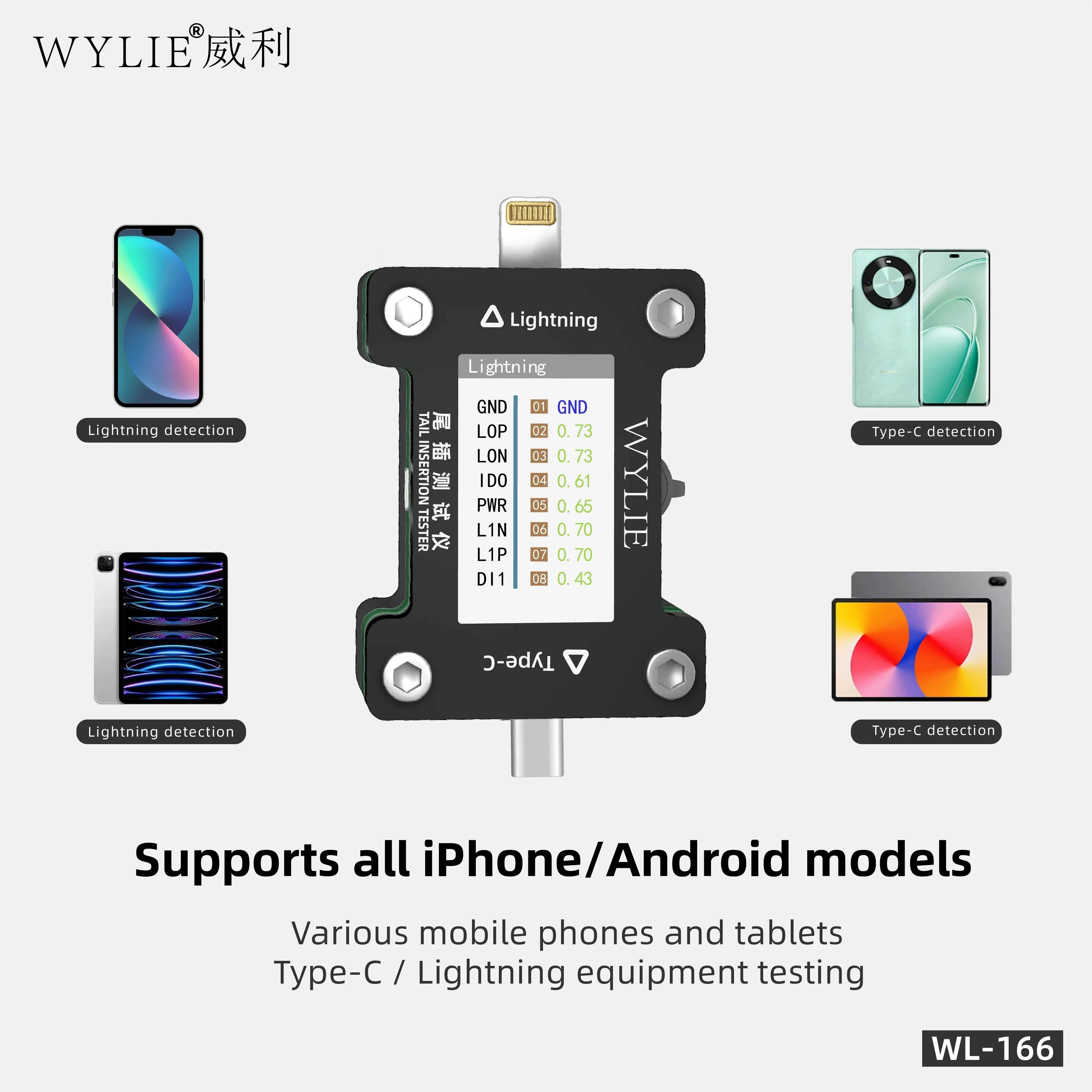 WYLIE WL-166 Tail Insertion Tester Lightning/Type-C Port Tester for IPhone/Android Auto Fault Detection HD Display Repair Tools