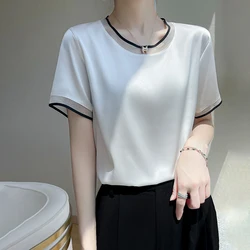 Summer New Ladies Silk Round Neck Gauze Short Sleeve T-shirt Fashion Color Matching Acetic Acid Loose Pullover