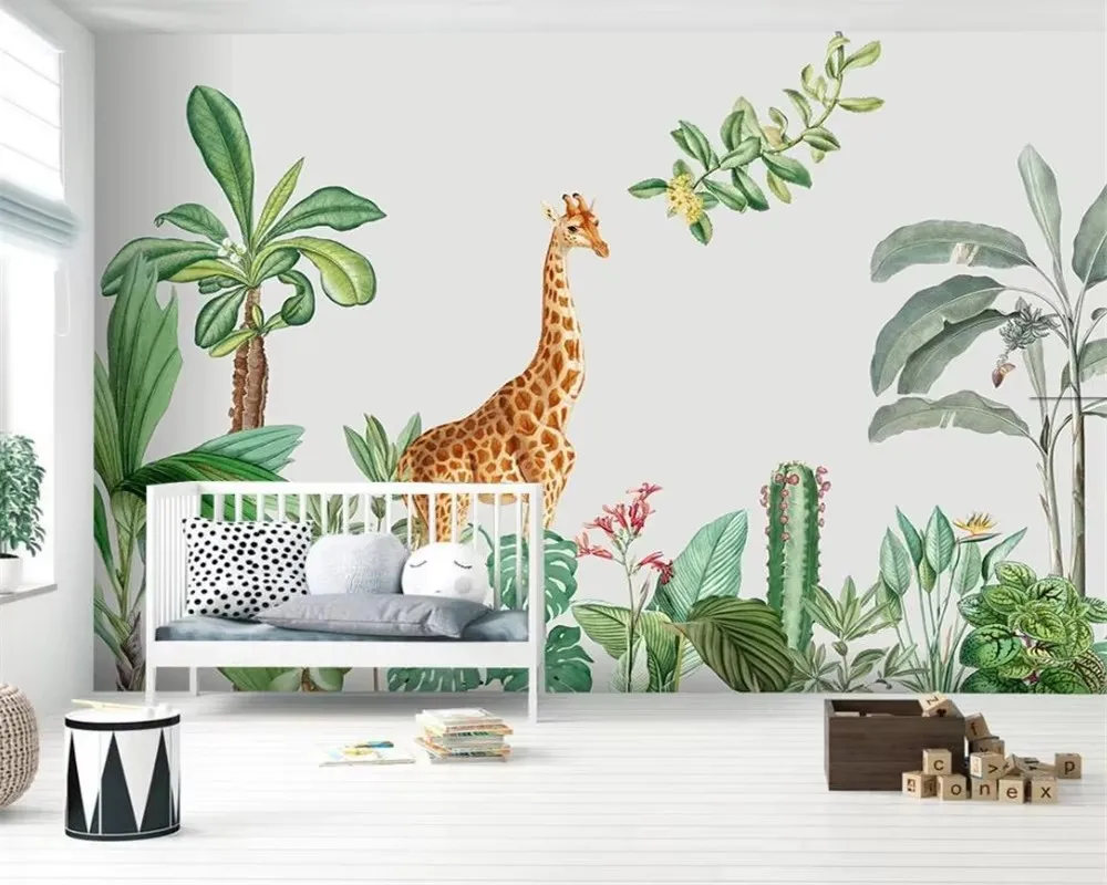 Custom Children's room background wall 3D wallpaper giraffe tree leaf mural wallpapers for living room 3d wallpaper bedroom