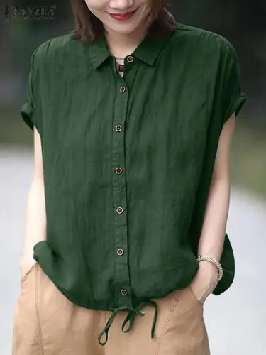 Imagen 2 del producto ZANZEA Camisa de verano para mujer, Blusa de manga corta, Tops de trabajo OL lisos elegantes, Blusas informales con cuello de solapa y botones, camisa femenina