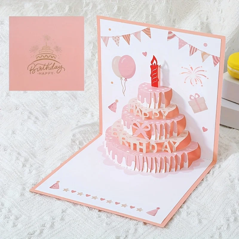 1-teilige Geburtstags-Grußkarte im 3D-Kuchen-Design mit farbenfrohem und niedlichem Pop-Up-Stil, perfekt für Geschenke und inklusive Umschlag.
