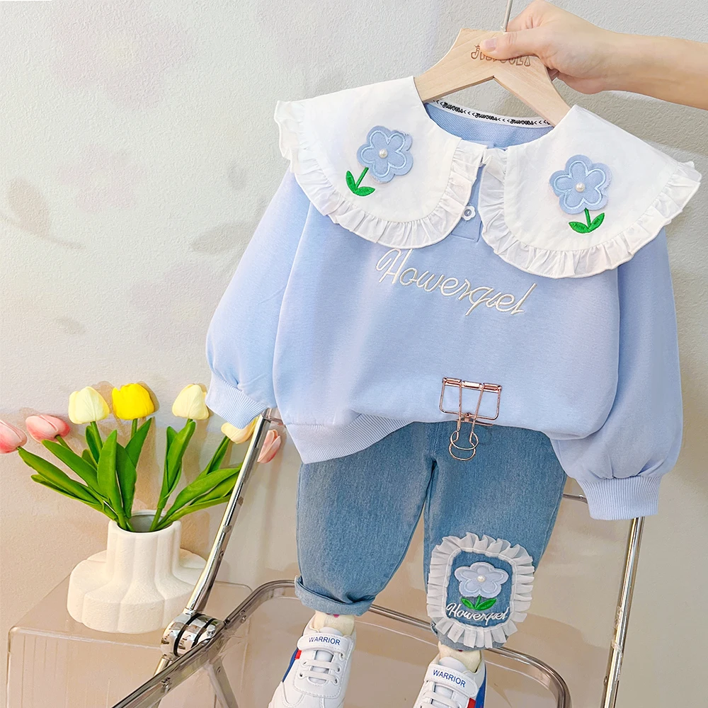 Baby Girls Clothing Sets 2023 Spring Kids Lace Floral T Shirt Jeans 2 Pcs Suits Infant Casual Clothes Outfits Children Costume